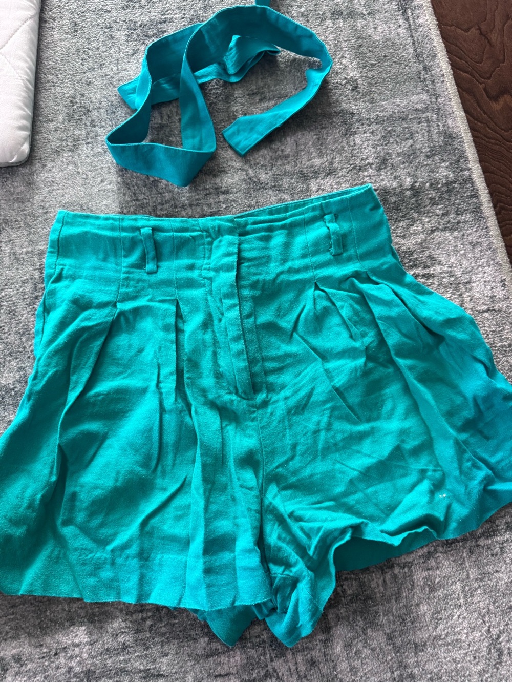 Teal High-Waisted  Linen Blend Shorts